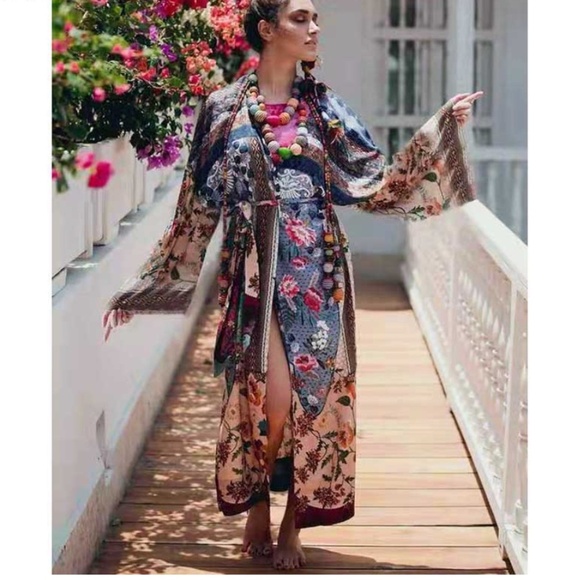 boho gypsy belted floral Long Kimono Cardigan - Picture 1 of 7